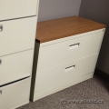 Beige 2 Drawer Lateral File Cabinet, Locking w/ Brown Wood Top